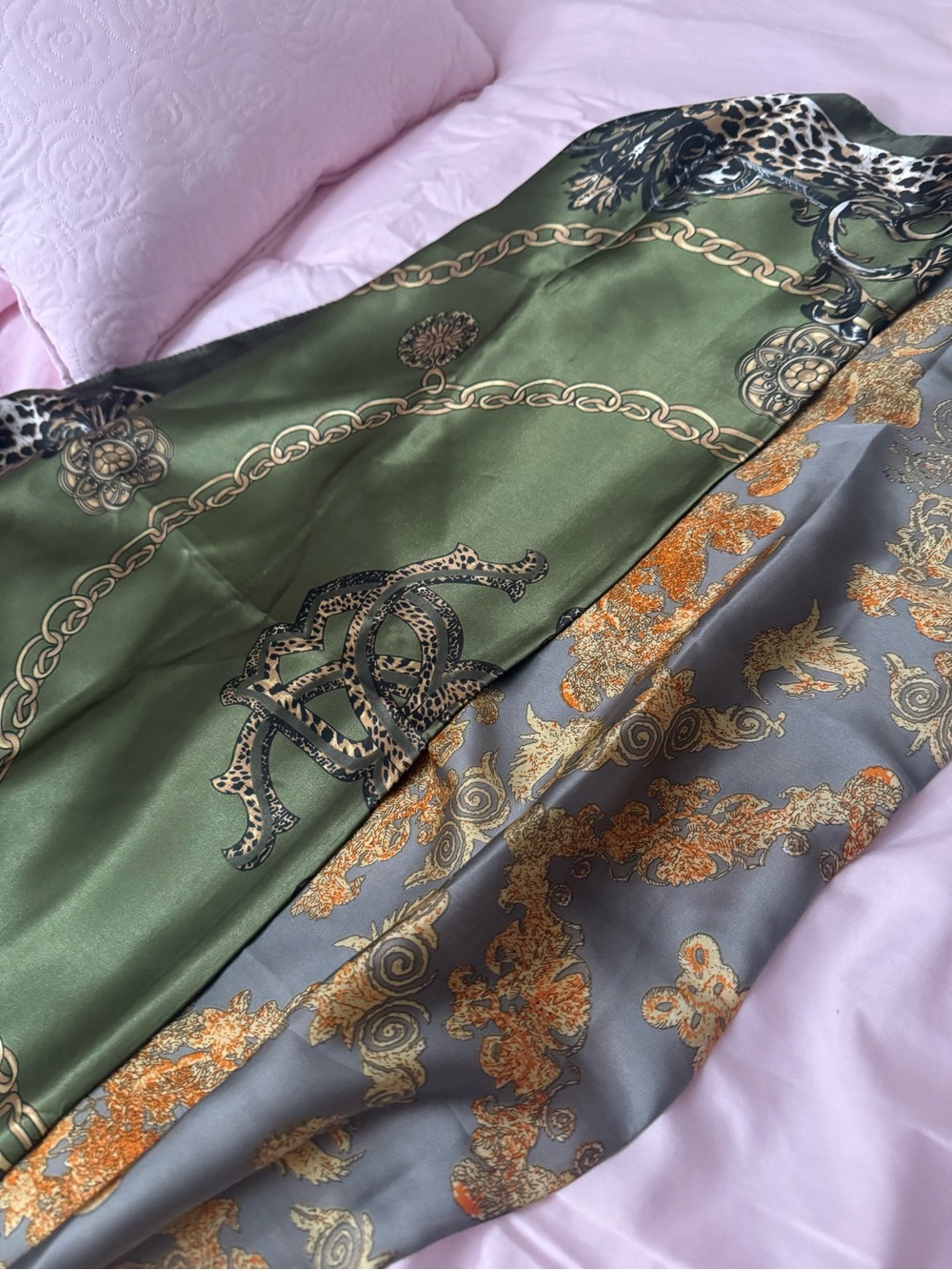 Olive Chain & Leopard Print Satin Headscarf - Women Accessories - Picture 3 of 3